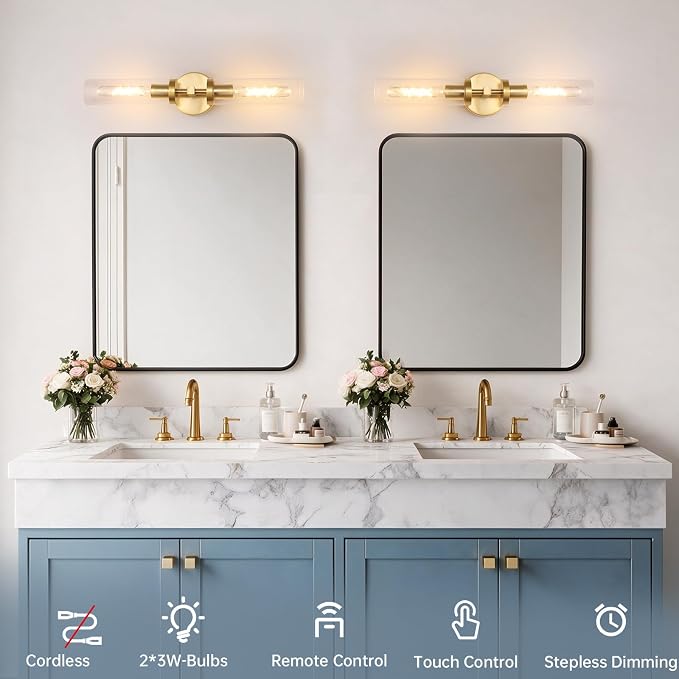 Shenmoyl Battery Operated Wall Sconces Set of Two,21" Gold Rechargeable Wall Lighting Fixtures, Dimmable Wall Lights with Remote & Clear Glass Shade for Living Room,Bathroom,Bedroom