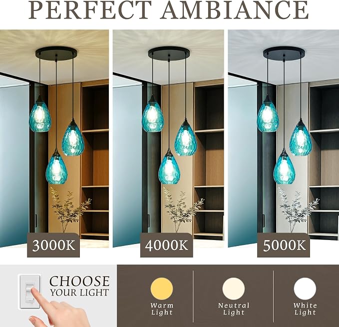 Blue 3-Light Pendant Lighting, Modern Dining Room Light Fixture Over Table with Hammered Glass, Cluster Hanging Lights for Kitchen Island Dining Room