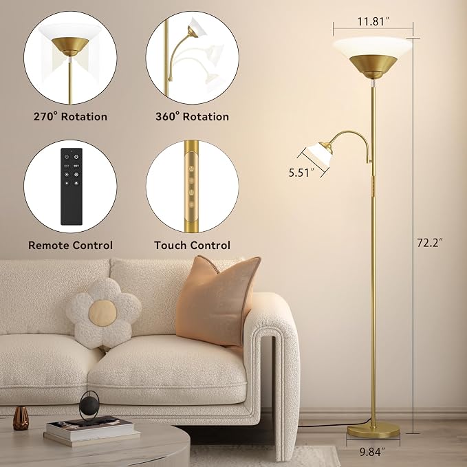 2-in-1 Torchiere Floor Lamp, 34W Super Bright LED Standing Lamp with Remote & Touch Control, 72" Dimmable Adjustable Corner Reading Lamp for Living Room, Bedroom, Office, Gold