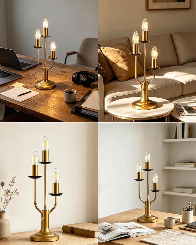 Vintage Candelabra Table Lamp Dimmable Gold Lamp E12 Bulbs Included | Accent Lamp Nightstand Desk Lamp Warmwhite Ambient Bedside Lamps for Living Room Bedroom Dining Party Home Office Decor Gift