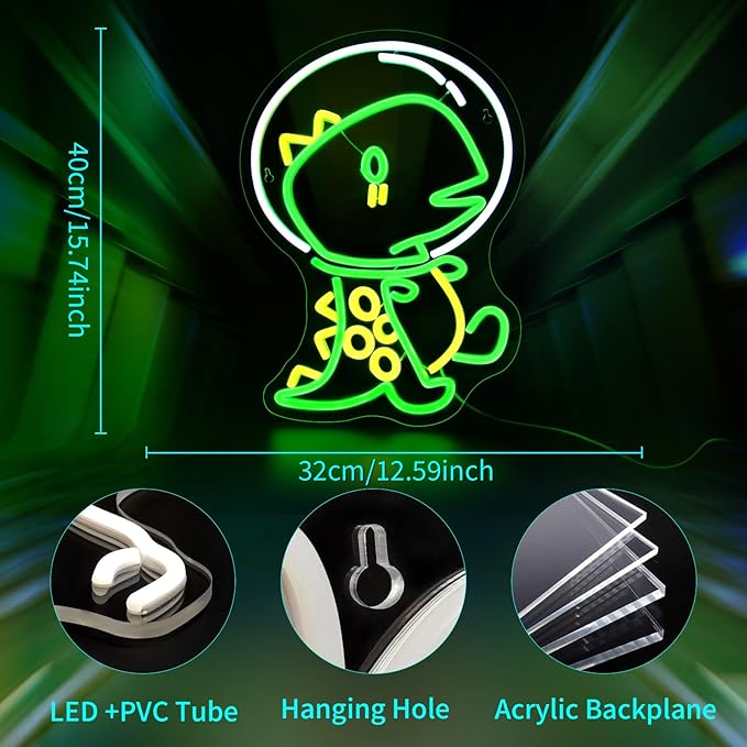 Neon Sign - JGHTURIE Dinosaur Neon Signs for Wall Decor, Dinosaur Green Light up LED Sign for Room Decor, Bedroom, Bar, Man Cave, USB Powered