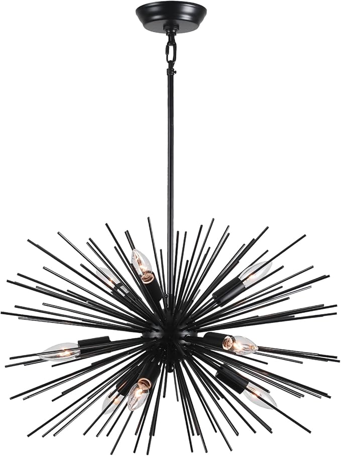 24in Black Sputnik Chandelier Mid Century Modern 9-Lights Starburst Chandelier Solid Metal Firework Urchin Satellite Chandeliers for Dining Room, Kitchen, Bedroom, Living Room, Foyer, E12
