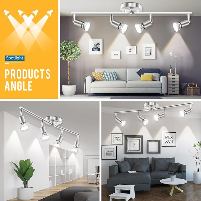 HURYEE Track Lighting Kit, 4 Head Foldable Ceiling Spot Light with GU10 Socket for Kitchen Hallyway Bedroom Fixture Directional Accent Lamp