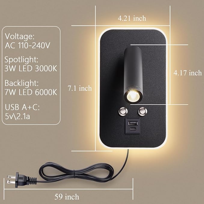 Wall-Mounted LED Bedside Reading Light Plug-in, with USB Charging Port, Stepless Touch Dimming, 3000K Warm Ambient Lighting Wall Lamp Sconce for Bedroom, Eye-Caring Bedroom Lighting (Black)