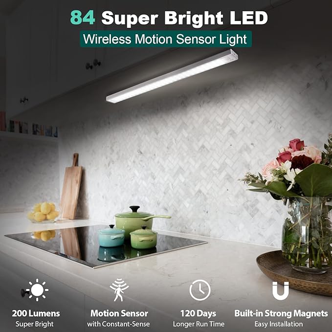 Alivation 84 LED Motion Sensor Light Indoor, Magnetic Closet Lights for Under Cabinet Lighting, Wireless 3200mah Rechargeable Battery Operated, Dimmable, Bright 5500K Daylight, 120 Days Run Time