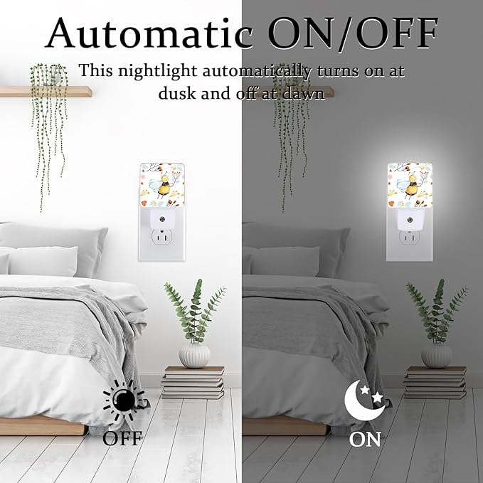 Watercolor Bee Night Light, Plug-into Wall Flower Floral Nightlight Lamp with Dusk to Dawn Sensor, Led Lamp 0.5W Energy Efficient for Boys Girls Adults Home Decor