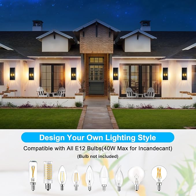 Large Outdoor Wall Lanterns, 18” Exterior Waterproof Rectangular Sconce | 2-Pack Matte Black Porch Lights with Glass Shades, Anti-Rust 2-Light Modern Light Fixtures for Patio Garage Front Door