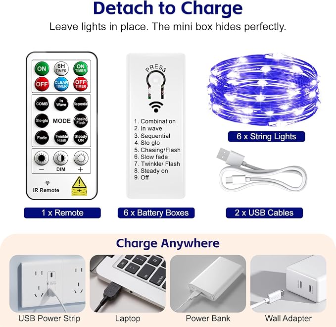 6 Pack Rechargeable Fairy Lights,7ft 20LEDs, Remote & DIY Timer | Dimmable Silver Wire, Mini Twinkle Lights, For Mason Jar, Indoor Christmas Bedroom Wedding Decor, Blue
