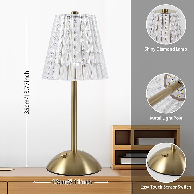 Cordless lamp,Dimmable Crystal Table Lamp 3 Colors LED Gold Lamp | 3 color modes with adjustable brightness for bedrooms, offices and home decor. Great gift for women, moms, teachers & friends