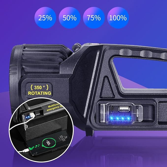 LETOUR 1450000 L Spotlight, Rechargeable Led Spotlight Flashlight with 350° Rotate Head, 9 Modes Super Bright Spot Lights Outdoor Handheld, IPX6 Waterproof Solar Flashlight for Emergencies,XX-Large