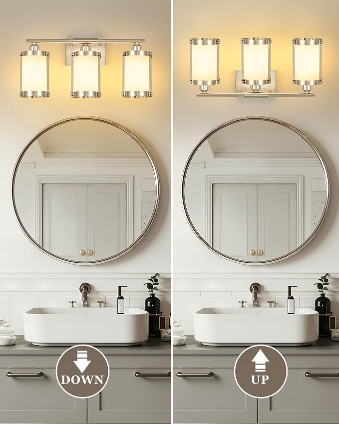 3-Light Brushed Nickel Bathroom Light Fixtures with Milk Frosted Glass, 21" Modern Bathroom Vanity Lighting Fixtures Over Mirror with Metal Cage, Wall Sconce Lights for Bath, E26, OS-3014BNW-3W
