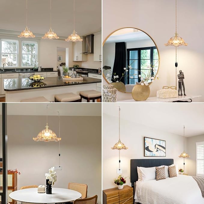 Plug in Pendant Light Fixtures,Hanging Light Fixture Flower Amber Glass Pendant Light 11 inch E26 Pendant Lighting for Kitchen Island, Bedroom, Dining Room, Living Room