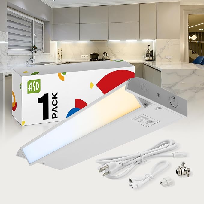 ASD Swivel LED Under Cabinet Lighting Plug in or Hardwired 12 Inch, Dimmable Under Cabinet Lights with High/Low/Off Switch, 3CCT 2700K-4000K, Linkable Under Counter Lights for Kitchen, White, ETL