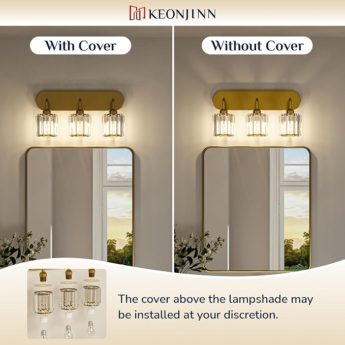 Keonjinn 6-Light Gold Crystal Bathroom Light Fixtures Over Mirror | Vanity Lighting Fixture with Crystal Square Shades, Dimmable, Modern Style, Compatible with E26 Base LED Bulbs (Exclude Bulb)