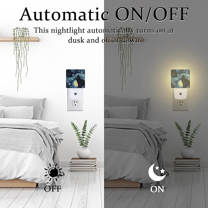 Starry Night Black Cat Night Light Plug into Wall, Abstract Oil Painting Cat Dusk to Dawn Night Light Plug in,0.5w Energy Saving Sleep Friendly NightLight for Kids Boys Girls Home Decor