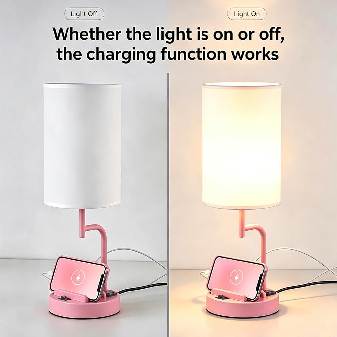 Dreamholder 2 Pack Table Lamp, Bedside Lamp with 3 USB Charging Ports & AC Outlet, USB Desk Lamp with 2 Phone Holders, Linen Fabric Shade Nightstand Lamps for Bedroom Living Room Office, Baby Pink