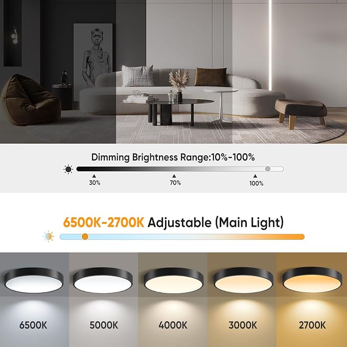 11 Inch Flush Mount Ceiling Light with Remote Control & Night Light, 5CCT Dimmable Ceiling Light Fixture, 20W 2000LM 2700K-6500K Adjustable LED Ceiling Lights for Bedroom Kitchen, Black