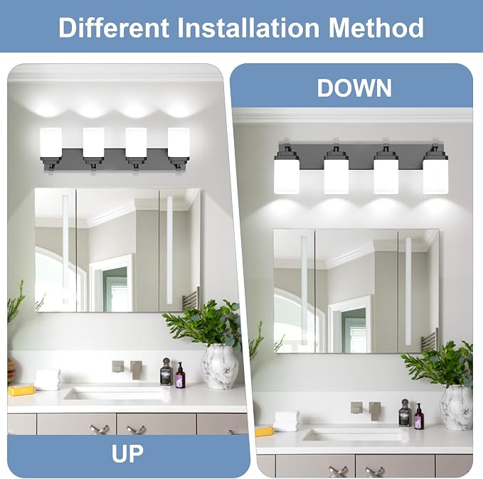 Matte Black Bathroom Light Fixtures, 4 Lights Bathroom Lighting Fixtures Over Mirror, Square Design & Rectangle Large Backplate, Modern Vanity Lighting Fixtures, for Living Room/Bedroom