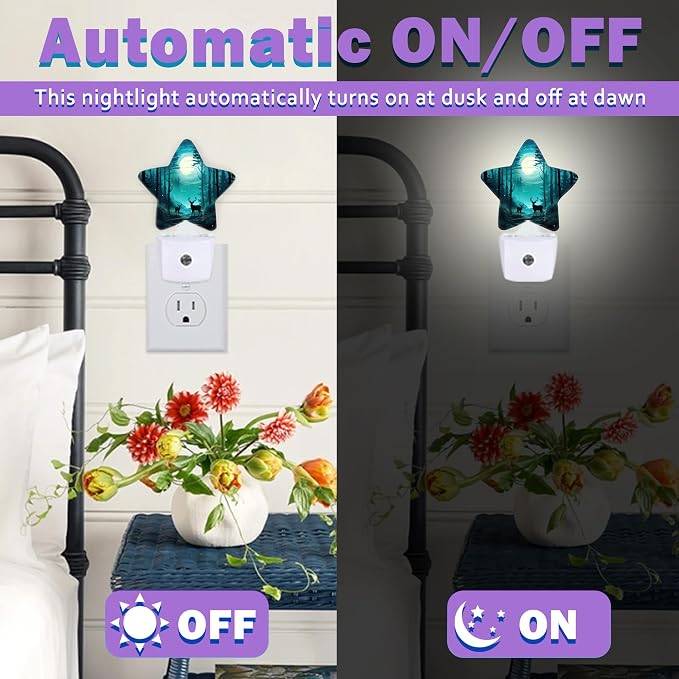 Night Lights Plug Into Wall Decorative,Fantasy Forest Deer Nightlights for Kids Bedroom, Starry Moon Night Energy Efficient Dusk-to-Dawn Sensor Sleep Friendly Lamp for Nursery Bathroom