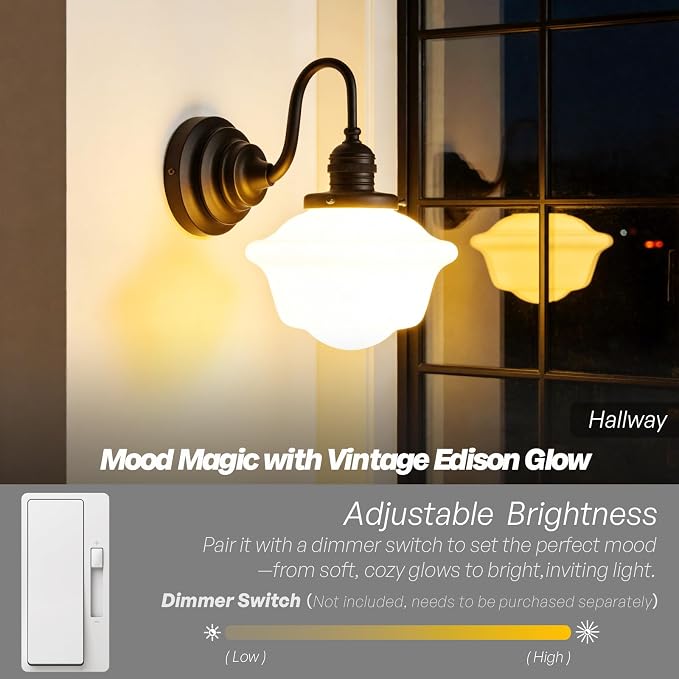 Vintage Wall Sconce Black Milk Glass Bathroom Vanity Light | 1 Pack,Bathroom Light Fixtures,Matte Black,Frosted Milk Glass,Hardwired Only,E26 Base,for Bathroom Mirror Hallway