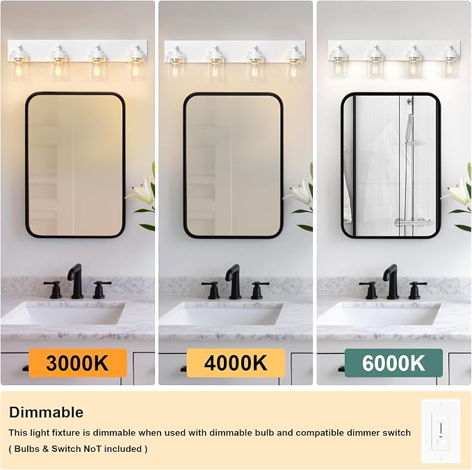 IZORRO Bathroom Vanity Light Fixture, 4-Light 30 Inch White Bathroom Light Fixtures Over Mirror, with Clear Glass Shade, Modern Farmhouse Vanity Lights, Rustic Restroom Lighting Fixtures