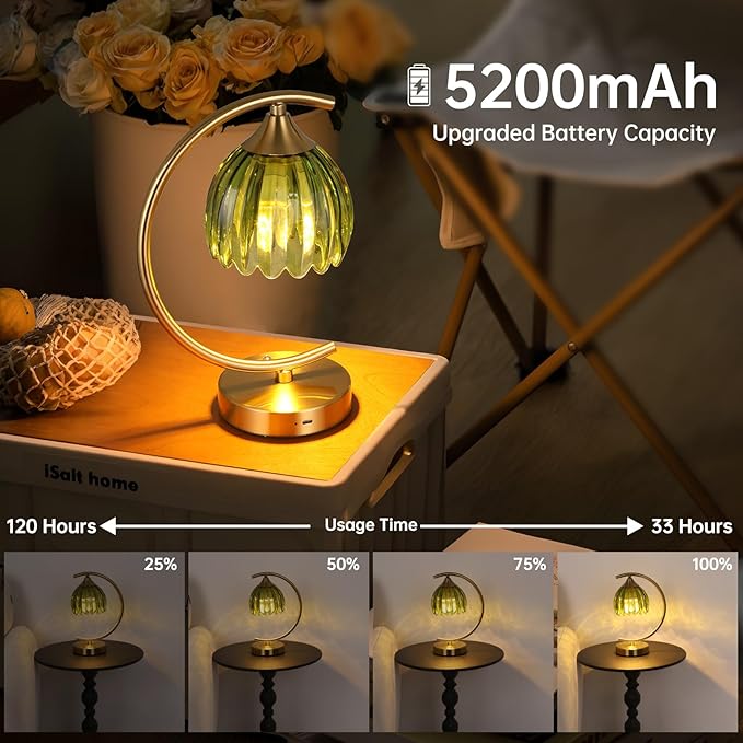 Tulip Table Lamp, 5200mAh Cordless Touch Control Table Lamp with 3 Color Temps & Stepless Dimming, Rechargeable Battery Table Lamp for Living Room, Bedroom, Office, Shelf (Green Tulip)