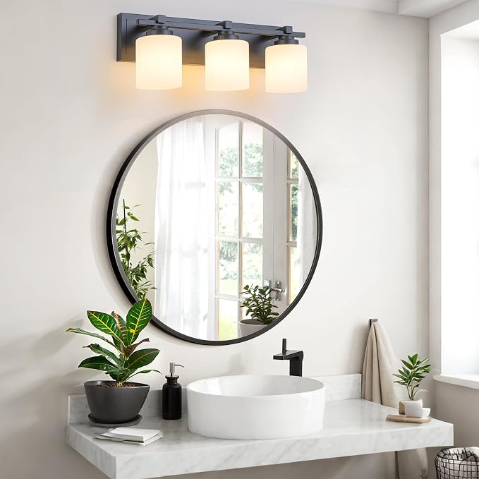 Modern Bathroom Light Fixtures Over Mirror, Vanity Lights for Bathroom Wall Sconces with Milky White Glass Shades, E26 Socket (Bulbs Not Included), 3 Light, Black