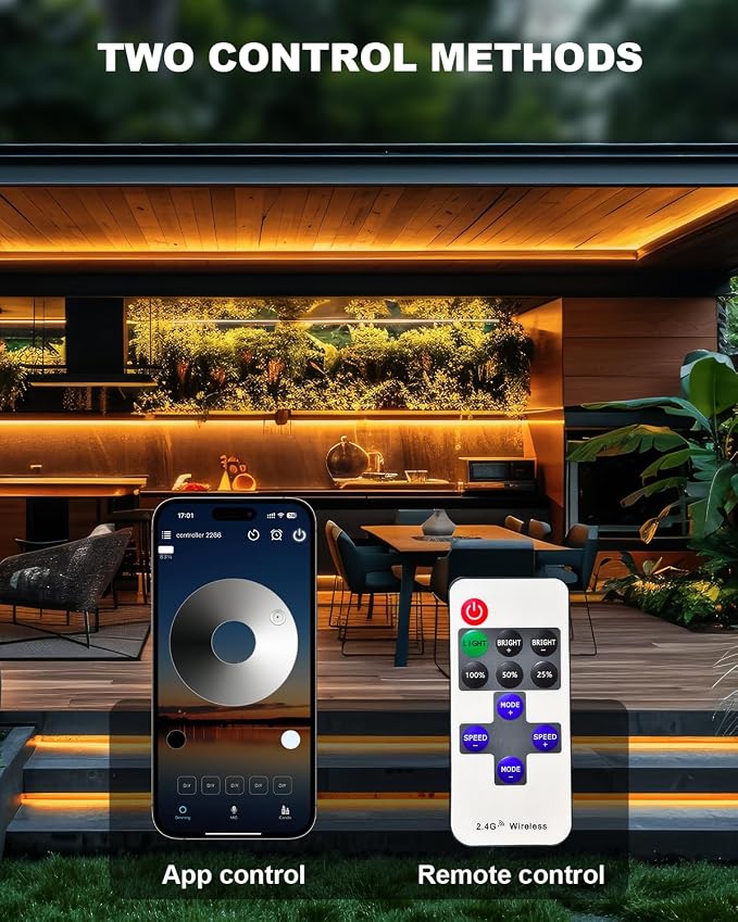 21FT COB Led Outdoor Strip Lights Waterproof IP68 | 24V 2700K Warm White Outdoor Led Strip with APP and Remote Control, Suitable for Eaves, Garden, Pool, Terrace, Bathroom