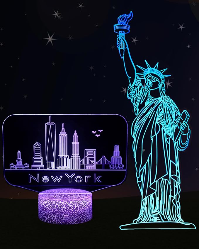 Statue of Liberty, New York Skyline 3D Illusion Night Light, 2 Patterns | 16 Colors Changing, Dimmable, Touch & Remote Control, Bedroom Room Décor Lamp, Christmas Birthday Dad Mom Kid Boy Girl Gift