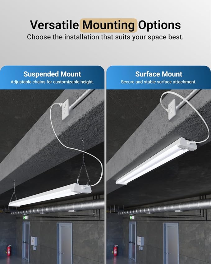 Sunco Motion Sensor 4ft LED Shop Light, Garage Lights Ceiling LED Plug-in Fixtures, 40W, 5000K Daylight, 4300 Lumens, Frosted, Motion Activated, Linkable Suspension Mount, ETL
