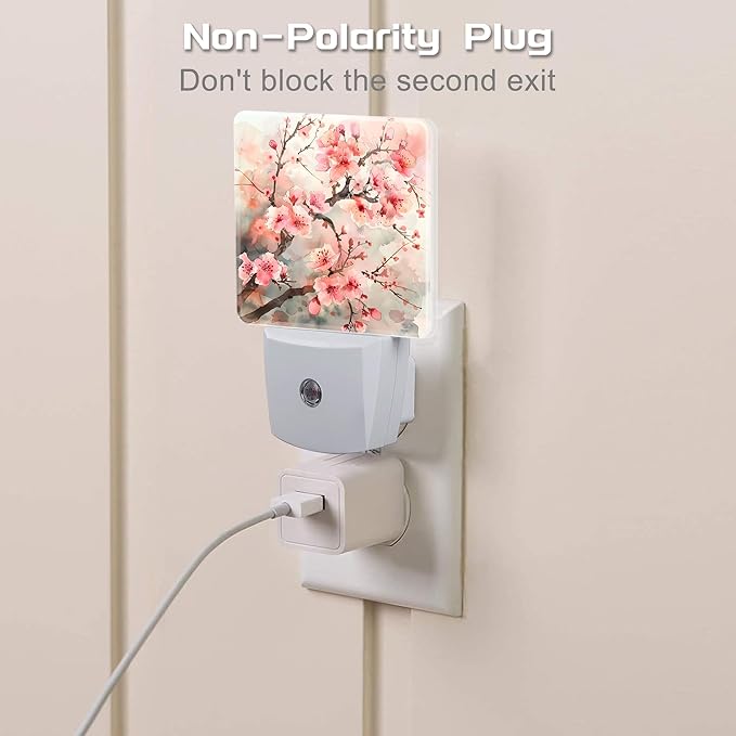 Cherry Blossom Tree Night Light Plug into Wall,Pink Watercolor Cherry Blossom Flowers Dusk to Dawn Night Light Plug in,0.5w Energy Saving NightLight for Kids Boys Girls Home Decor