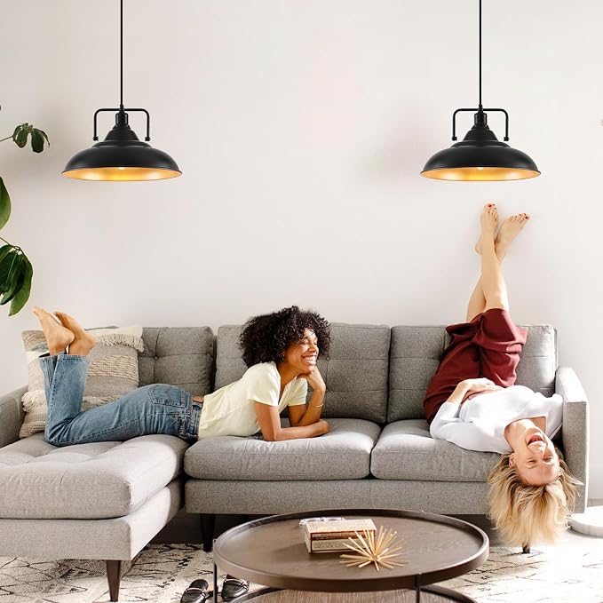 Black Pendant Light, Large Black and Gold Pendant Light 15.7" 3 Packs, Farmhouse Pendant Light, Island Pendant Lights, Kitchen Pendant Lights, Pendant Lights for Kitchen, Living Room