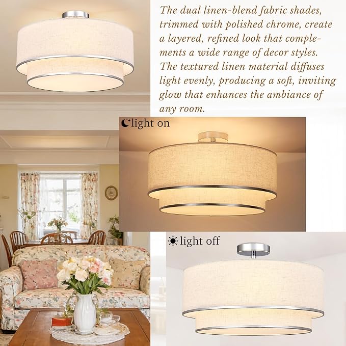 Hamilyeah 20 Inch Semi Flush Mount Ceiling Light, Dual Drum Fabric Shade Ceiling Light Fixture with Silver Metal Trim, Modern Ceiling Lamp for Bedroom, Living Room, Dining Room, Kitchen, Hallway