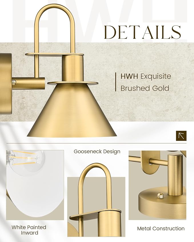 Brass Wall Sconce, HWH Modern Wall Light Sconces for Bedroom Bathroom, 1-Light Indoor Wall Light Fixtures with Metal Shade, White Interior, Gold Finish, 5HZG56BL BG