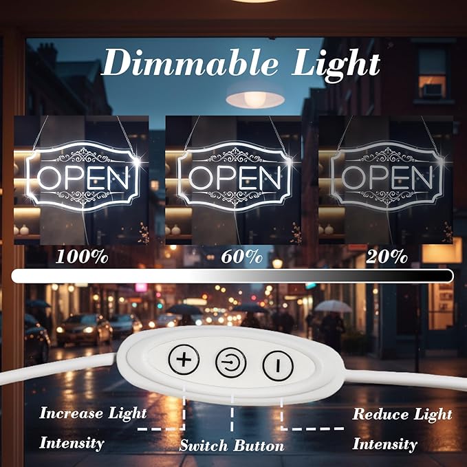 22" x 13" Open Sign for Business, LED Dimmable Neon Open Sign with 12V/2A Adapter, White, Bright LED to Light Up Storefronts, Windows & Walls