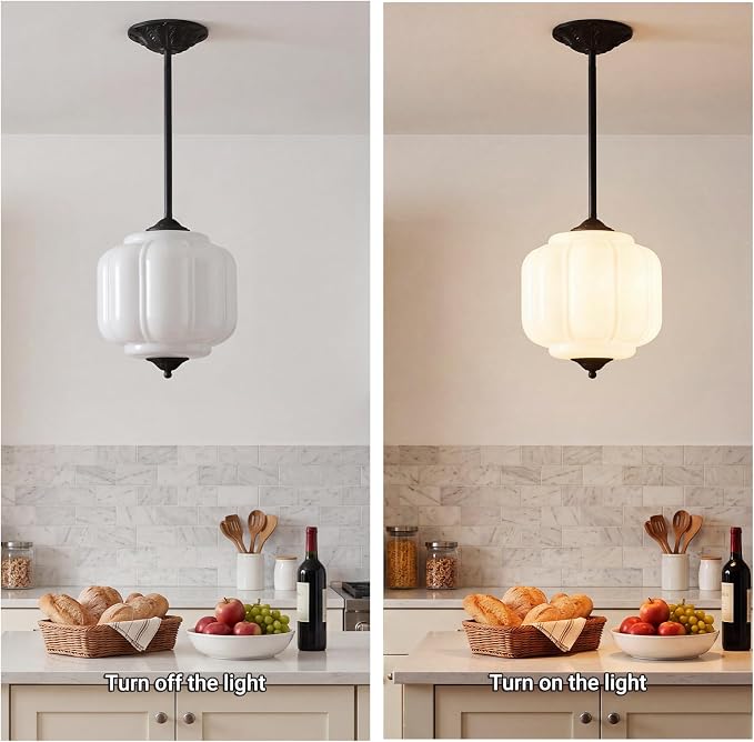 LOUSACE 10 Inch Vintage Milk White Glass Ceiling Light Fixture, Semi Flush Mount Pendant Lights with Black Aluminium Base for Kitchen Hallway Bedroom Dining Room - E12 Bulb Included