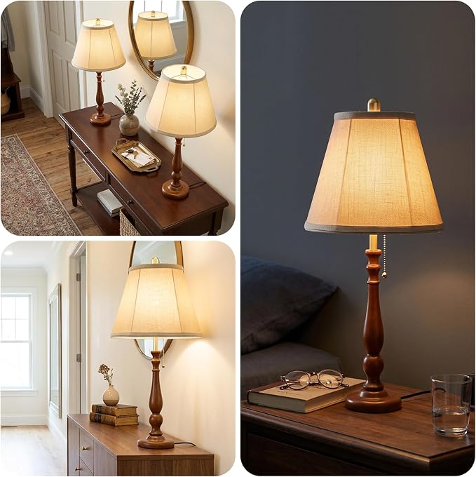 LALISU Farmhouse Table Lamps Rustic Bedroom Lamps for Living Room, 24.41" Boho Bedside Lamp with Chain Switch for Night Stands End Table Office Desk Lamp Nightstand with Linen Shades (Walnut)