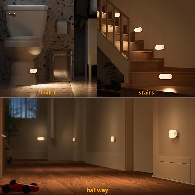 Rechargeable Night Light with Motion Sensor, 1500mAh Battery Operated Nightlights, Stick-on LED Closet Light, 1-80LM Dimmable Brightness for Bathroom, Kitchen, Stairs, Hallway, 3 Packs