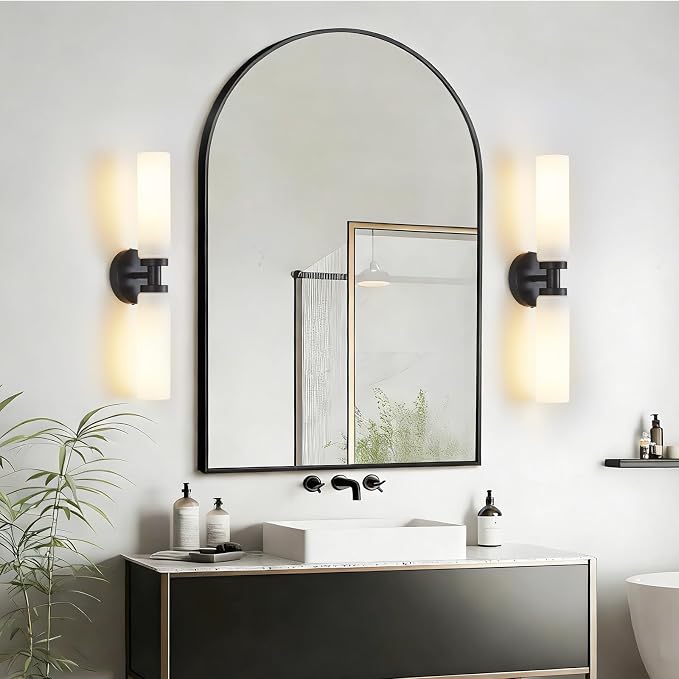 Lanhall 2 Light Black Bathroom Light Fixture Over Mirror, Modern Farmhouse Bathroom Vanity Lights with Milky White Frosted Glass Shade, Wall Sconce for Bathroom Mirror Hallway Cabinet Bedroom Porch