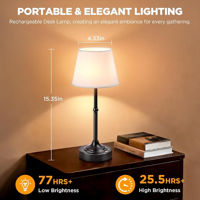 LUTEC 2 Pack Cordless Table Lamp, Battery Operated Lamp with 3 Color Temps and Stepless Dimming, 5200mAh Portable Rechargeable Table Lamp for Restaurant/Bedroom/Bars/Outdoor (Black)
