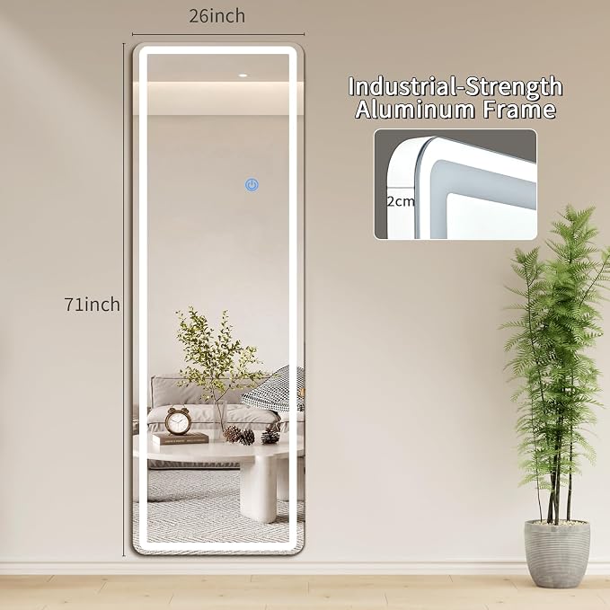 Koonmi Full Length Mirror with LED Lights, 71"x26" Lighted Mirror with Dimming & 3 Color Lighting, Big Mirror for Bedroom, Dressing Room, Rectangle,White