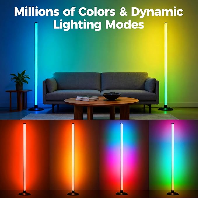 Flupuro 2 Pack ICRGB Corner Floor Lamp, App & Remote | Music Sync, 16 Million Colors, Dimmable Timer, Modern Standing Mood Light, For Bedroom Living Room Gaming