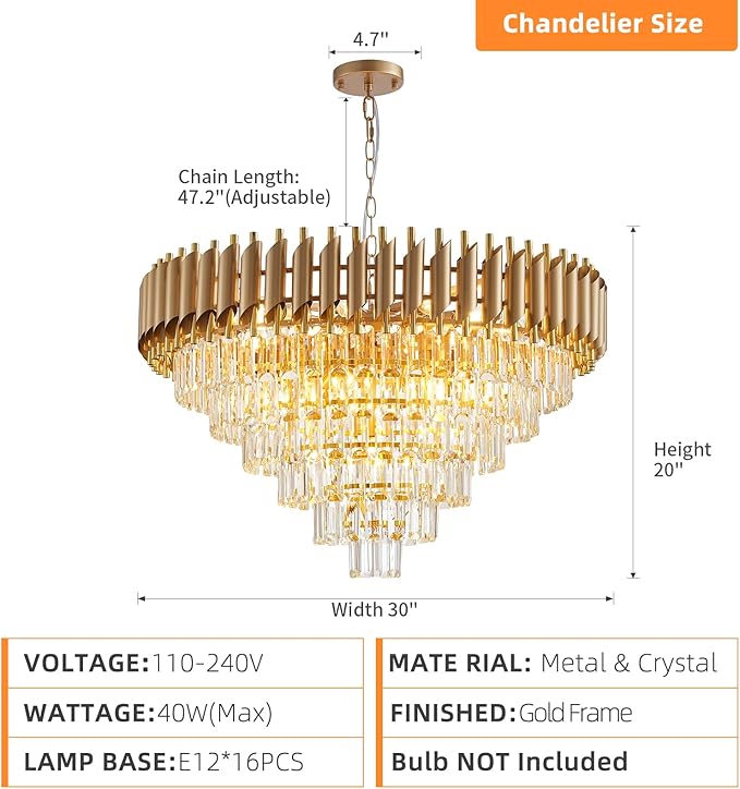 Large Crystal Chandelier 30" Modern Hanging Crystal Pendant, 6 Tiers K9 Crystal Ceiling 16 Lights Fixtures, Round Pendant Lighting Large Chandelier for Entryway Dining Room Staircase