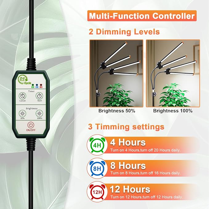 Plant Grow Light with Stand,Super Bright 6000K White Full Spectrum Floor Growing Lamp with Rotatable Dual Light Head & Height Adjustable 17-62" for Indoor Tall Plants, Dimmable & Auto Timer 4/8/12H