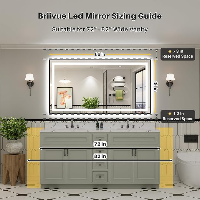 66x36 Inch LED Bathroom Mirror with Black Frame, Backlit & Front Lit | Anti-fog, 3 Color Dimmable, Memory Function, HD Reflection Tempered Glass, ETL Listed, IP54 Waterproof