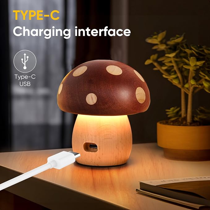 YIEONSHION LED Wood Mushroom Table Lamp, Rechargeable Cordless Touch Bedside Lamps, Wireless Stepless Dimming Night Light, Portable Battery Lamp for Bedroom Nightstand for Birthday Gifts (XMG-Small)