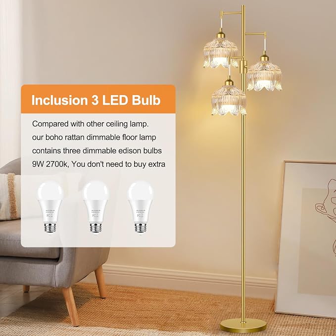 ZECOXOL Gold Floor Lamps for Living Room Bedroom-3 Light Glass Floor Lamp with Three Led Bulb,Mid Century Standing Lamp Vintage Brass Tall Lamp Tree Floor Lamp