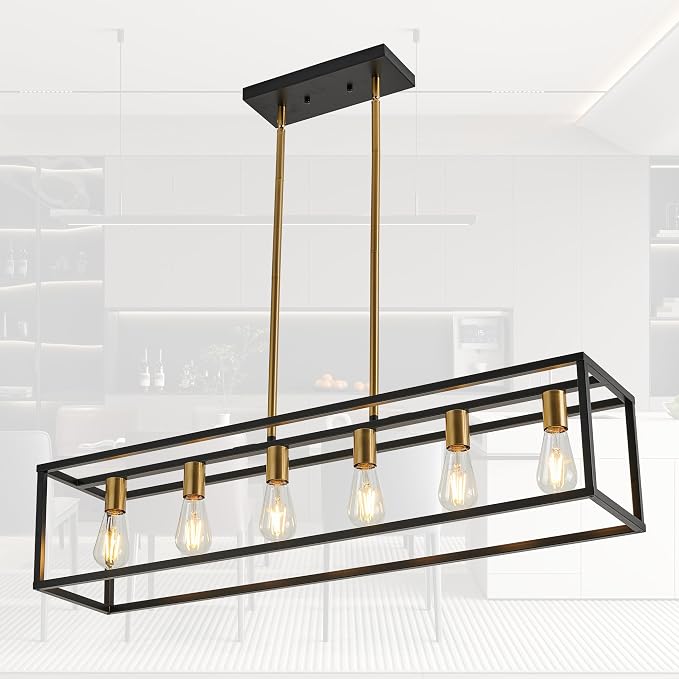 Rectangle Chandeliers Kitchen Light Fixtures Farmhouse Dining Room Light for Dining Rooms,Black&Brushed Brass Light Fixture Matte 6-Light Industrial Pendant Lighting