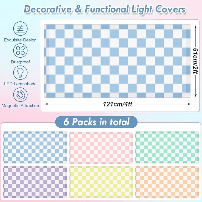 6 Pcs 4 x 2 Feet Fluorescent Light Covers Pastel Checkers Magnetic Light Cover for Ceiling Lights with 60 Magnets Decorative Magnetic Filters for Home Classroom Office Kitchen Decoration