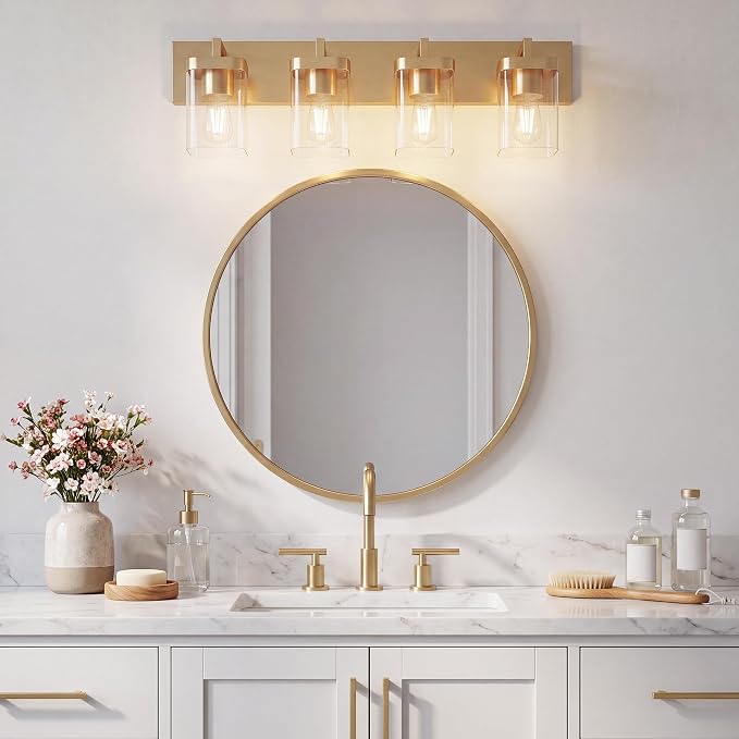 Bathroom Lighting Fixtures Over Mirror, Square Design & Rectangle Large Backplate, 4 Lights Modern Vanity Lighting Fixtures, Bathroom Light Fixtures for Bathroom/Living Room/Bedroom, Gold